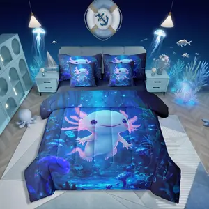 Feelyou 7-Piece Axolotl Theme Breathable Quilt Bedding Set, Cute Cartoon Salamander Comforter with Matching Sheets for Kids