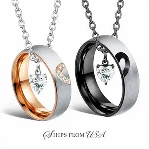 His & Hers Matching Couple Promise Ring Necklace Set, Stainless Steel Heart Pendant, Forever Love Jewelry, Ideal Valentine's Day & Anniversary Gift for Couples