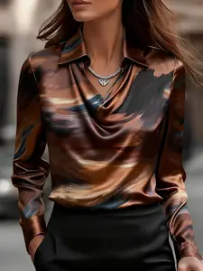 Women's clothing new fashion temperament Geometric printed simple lapel shirt color satin oil painting print long sleeved commuting simple luxury shirt collar women's top