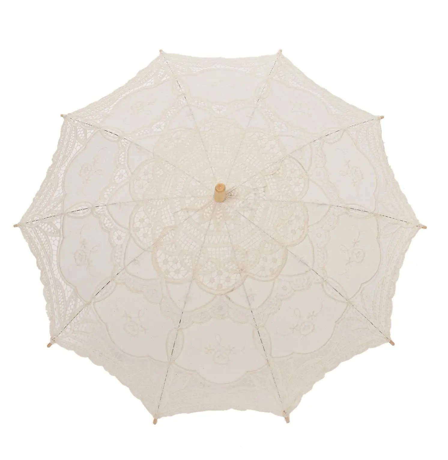 Thy Home Handmade Cotton Lace Embroidery Parasol Sun Umbrella - 31in, Lightweight, Wooden-Metal Handle, Vintage Lolita Fashion Coquette Style, UV Resistant, Halloween Props for Wedding Bridal Photoshoot