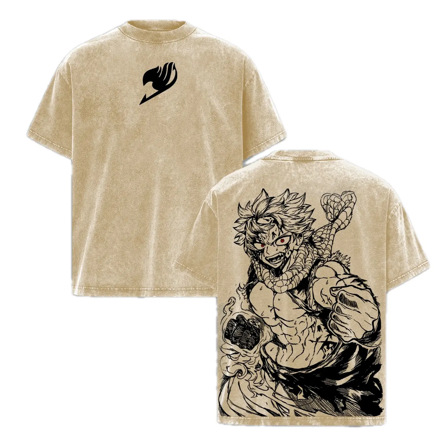 Natsu Dragneel Fairy Tail Vintage Washed Oversized T Shirt Anime Streetwear Fire Dragon Slayer Graphic Tee Flame Magic Pink Hair Dark Aesthetic Unisex Heavyweight Cotton Manga Harajuku Style Double Sided Print Gift For Anime Fans