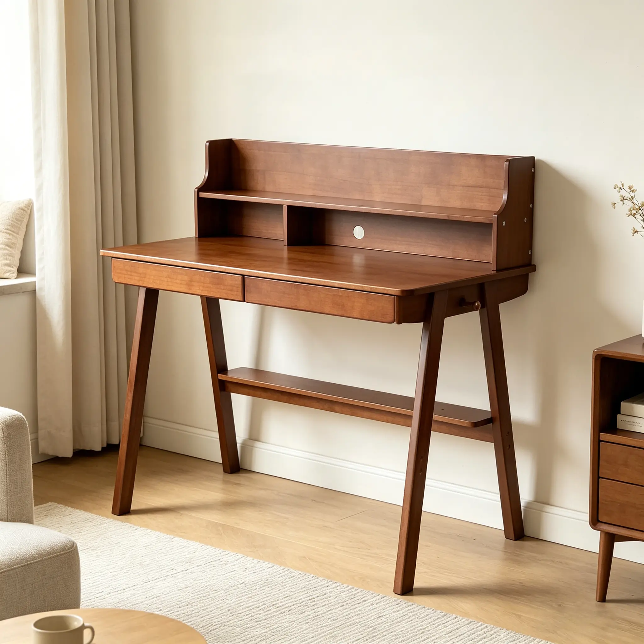 100% Solid Wood Mid-Century Modern Vintage Desk - Easy-Assembly Office Furniture with Drawers, Multi-Layer Storage, Sturdy Legs for Home Office, Bedroom