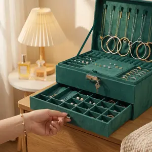Large Capacity 3 Layer Velvet Jewelry Organizer Storage Box with Drawer Earrings Necklace Ring Holder Multi-layer Display Case