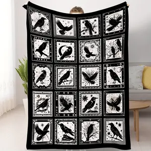 Gothic Bird Themed Plaid Throw Blanket with Raven and Crow Designs for Halloween Home Decor and Gift