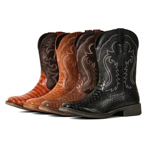 Cowboy Boots for Men  Western Men's Boots with Classic Embroidered Durable Short Boots  Slip on Square Toe Boots Slip Resistant Country Boots Chunky Heel Ankle