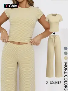 Women's Casual Striped Fitted Knit Tee Shirt & Comfortable Pants Set Outfit, Stylish Two-Piece for Daily Wear, Perfect for Spring & Fall Seasons, Womenswear