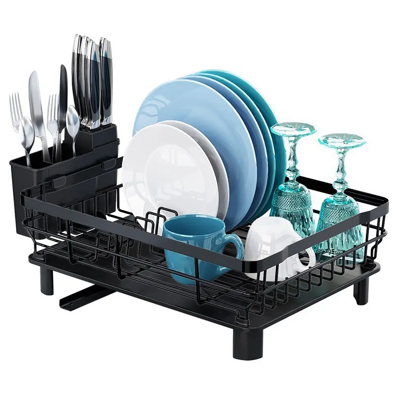 Kitchen countertop dish drying rack, utensil rack, metal draining device, Adjustable metal rack, Drainboard Dish Drainers, smart drainage system with removable utensil rack, home-use hand-washing utensil assistant, apartment space-saving.
