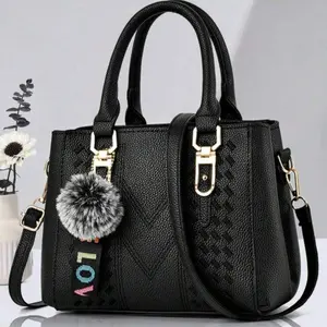 New Shoulder Crossbody Bag with Fur Ball Pendant, Casual Style Handbag, Everyday Work Bag, Mother's Day Gift for Mom, Perfect for Office, College, Work, Business, Commuting, Outdoor, Travel, Outing