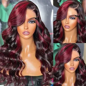 1B/99j Highlight Lace Front Wig Human Hair Pre Plucked 13x4 Brazilian Virgin Human Hair HD Lace Burgundy Body Wave Wig 180% Density Glusless Wigs Human Hair for Women…