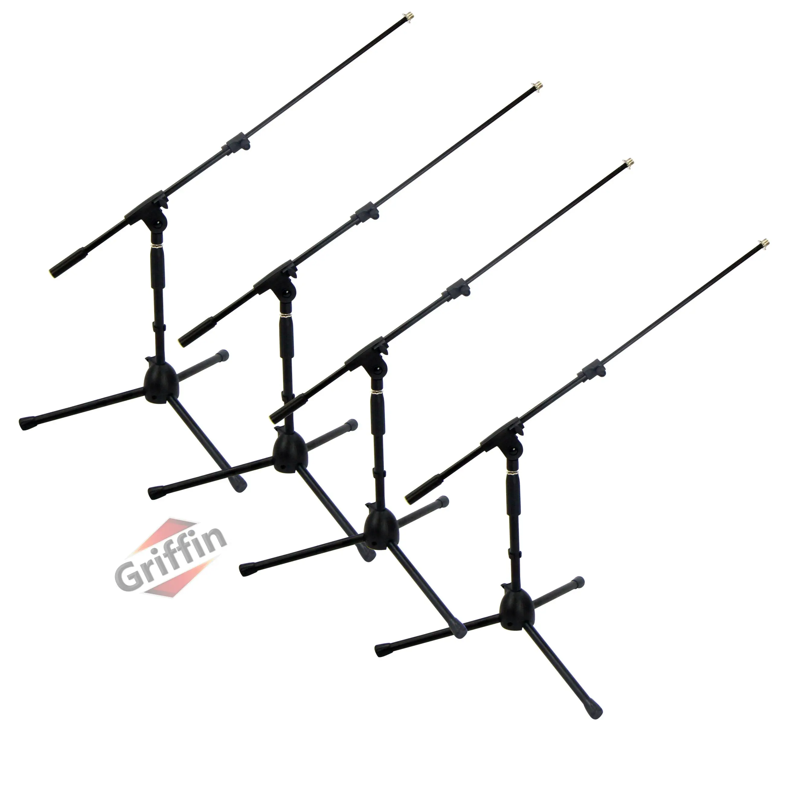 4 PACK - GRIFFIN Low Profile Microphone Stand | Short Tripod Mic Stand Mount with Boom Arm for Bass Drum, Studio Recording, Stage Monitor Speakers & Guitar Amplifiers | Small Height Telescoping Holder