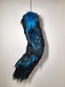 Blue and Black Tipped Faux Fur Tail for Cosplay and Festivals Soft Bendable with Metal Attachment and Clip 15-16 Inches