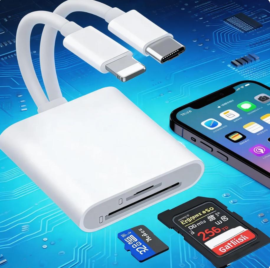 Dual Lightning & USB-C SD Card Reader, High-Speed Trail Camera Memory Adapter for iPhone iPad, Support SD/MicroSD Cards, Plug and Play