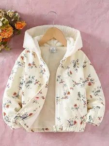Girls' Fall Winter Fashion Hooded Zipper Long Sleeve Jacket, Floral Print Fleece Lined Coat, Casual Comfortable Outerwear for 4y-8y, Fleece Lining, Zipper Closure, Floral Pattern