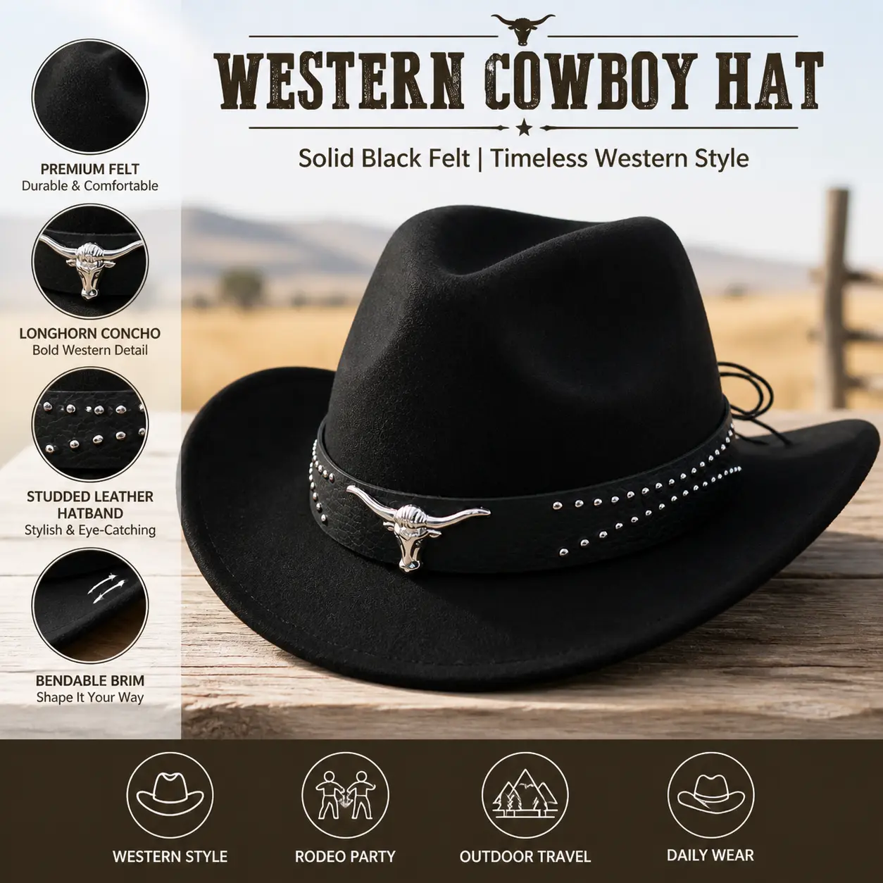 Solid Black Felt Western Cowboy Cowgirl Hat, Silver Longhorn Bull Concho Studded Leather Hatband Bendable Wide Brim Fedora Hat For Rodeo Party Daily Outdoor Travel