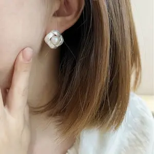 S925 sterling silver braided striped freshwater pearl earrings ins temperament versatile fashion light luxury style