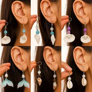 6Pairs/Pack Seaside Vacation Bohemian Seashell Snail Pendant Earring Set, Fresh and Sweet Ocean Wind Rice Bead Earrings, Suitable for Beach Vacation Photography, Elegant Earring Gift for Women