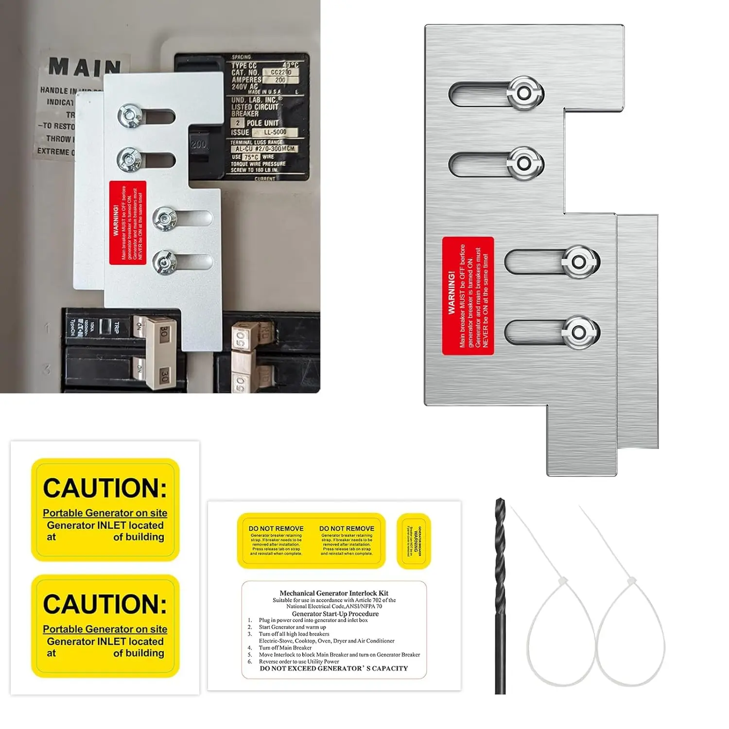 Generator Interlock Kit Compatible with  or Cutler Hammer Vertical Throw CH Series CH5 150 or 200 amp, 2 1/4" Spacing Between Main and N Breaker