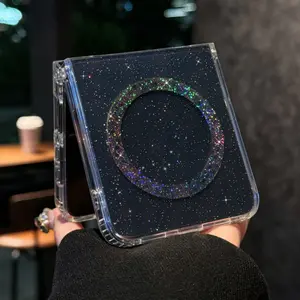 Transparent Glitter Magnetic Phone Cover For Samsung Z Flip7 5 Wireless Charge Cases For Galaxy Z Flip 6 flip4 zflip3 Bling Case