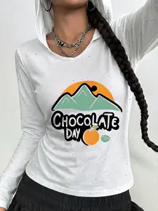 Women's Spring Summer Chocolate Day Printed Silver Color Sequins Long Sleeve T-Shirt, Casual Fitted Top, Wave Print Design