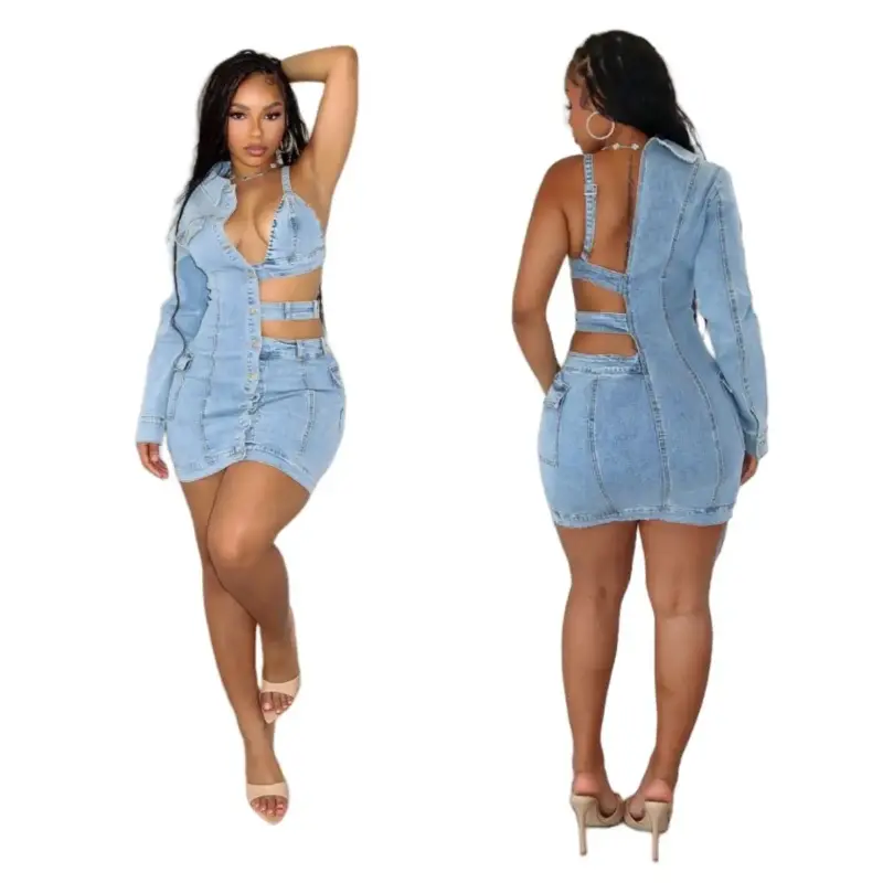Denim dress Hollow Out Jeans Skater Dress Sexy Women One Shoulder Elegant Blue Denim Club Dress Vestidos