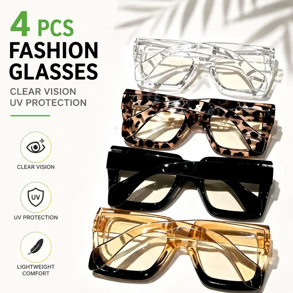 Unisex 4-Pack Oversized Square Polycarbonate Frame Statement Eyeglasses, Leopard Print Multi-Color Clear UV Protection Lenses, Sturdy Daily Wear for Men Women Street Use
