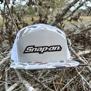 Snap-on Embroidered Trucker Hat – Old School Khaki Brown Black White 7 Panel Flatbill Snapback, Unisex Fitted Baseball Cap, Casual Mesh Back Hat for Mechanics, Garage & Everyday Wear