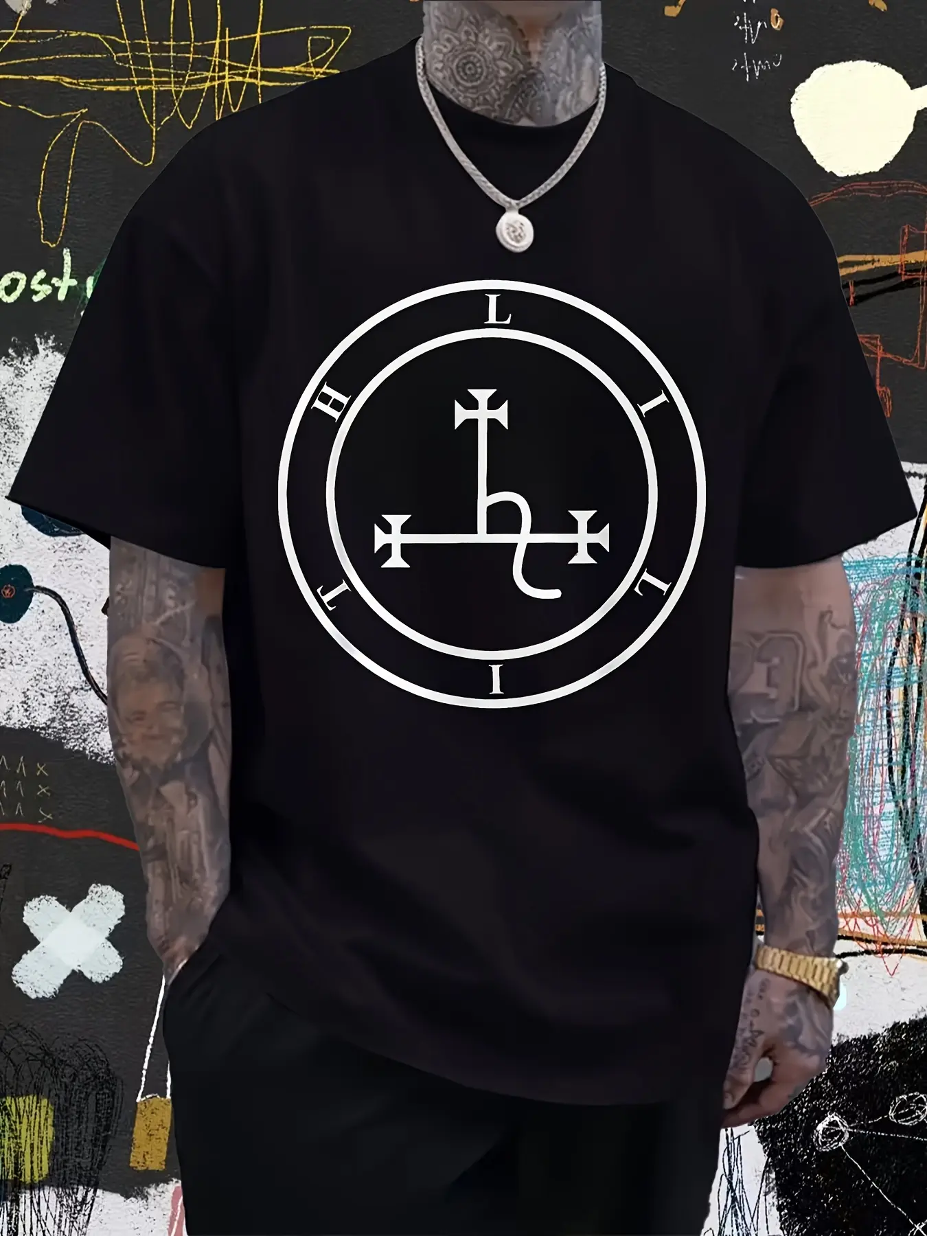 Sigil-of-Lilith Gothic T-Shirt - Black  White Pent unisex soft cotton short sleeve t shirt, vintage graphic casual tee for men women teens, perfect birthday holiday gift for camping travel gym daily street  wear