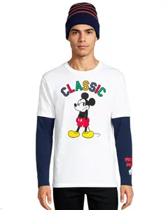 Disney Mickey Mouse Men's Grumpy Classic Faux Long Sleeve T-Shirt with Coordinating Striped Beanie Gift Set (X-Large)