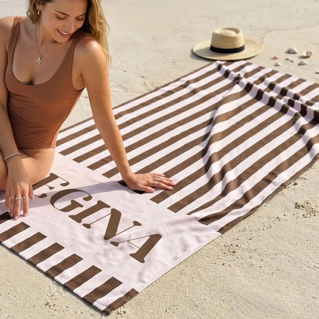 Personalized Striped Beach Towel, Custom Name Bachelorette Party Gift, Summer Vacation Essential
