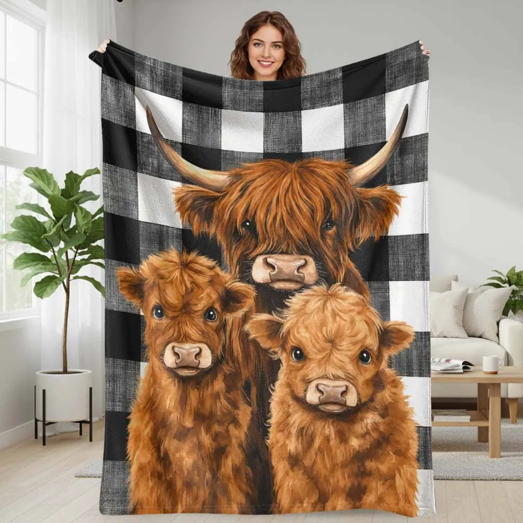 Highland Cow Flannel Blanket Buffalo Plaid Print Soft Cozy Warm Lightweight Plush for Couch Bed Sofa Farmhouse Living Room Fall Winter Gifts and Home Decor
