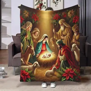 Nativity Scene Pattern Flannel Blanket, Air Conditioning Blanket, Soft Throw Blanket for Home Bedroom Living Room Sofa