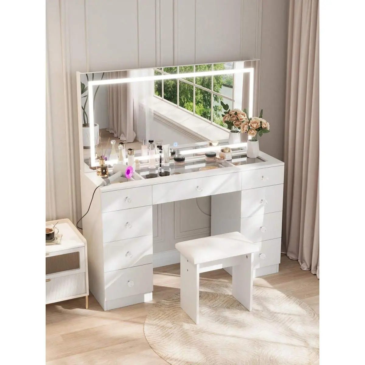 47.2" Large Vanity Desk With LED Lighted Mirror, Modern Makeup Vanity With Power Outlet, 9 Drawers And Soft Stool, 3 Color Light Modes, Brightness Adjustable, Bedroom Vanity Set Gifts For Girls Women, Halloween & Thanksgiving