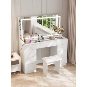 47.2" Large Vanity Desk With LED Lighted Mirror, Modern Makeup Vanity With Power Outlet, 9 Drawers And Soft Stool, 3 Color Light Modes, Brightness Adjustable, Bedroom Vanity Set Gifts For Girls Women, Halloween & Thanksgiving