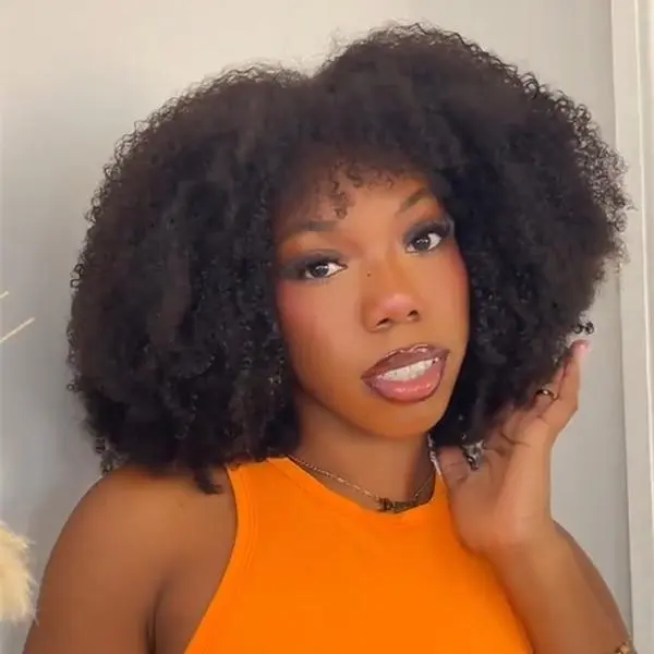 HerGivenHair Women's Glueless Heat-Resistant 3C-4A Coily Kinky Curly Human Hair Full Machine Wig - Bang Style with Lace Parting for Natural Hair Beginners, Wigs Human Hair, Shake N Go