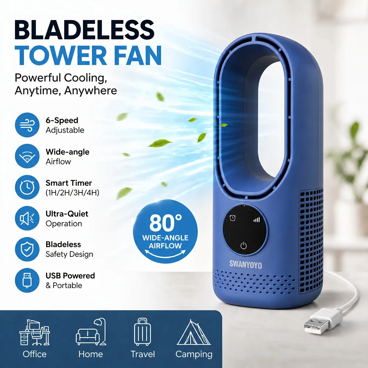 Bladeless Tower Fan - 6-Speed Adjustable, Wide-Angle Airflow, Set-and-Forget Smart Timer, Quiet Mode, USB-Powered, Compact Portable Household Appliance for Bedroom, Office - Stay Cool with Automated Cooling Solutions, Safety Design