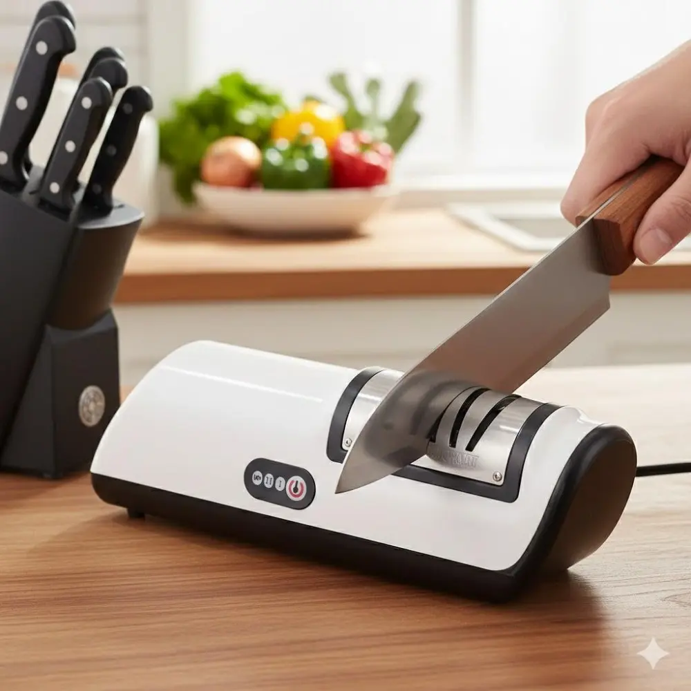 Professional Two-Stage Electric Knife Sharpener: Fast & Efficient Grinding Tool for Kitchen, Scissors, Cleavers. Portable, Non-Slip Base, Durable Accessories, Quick Sharpening Stone for Indoor & Outdoor Use.