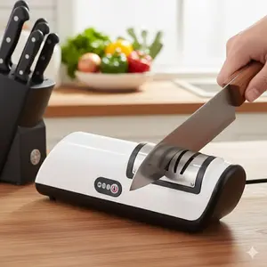Professional Two-Stage Electric Knife Sharpener: Fast & Efficient Grinding Tool for Kitchen, Scissors, Cleavers. Portable, Non-Slip Base, Durable Accessories, Quick Sharpening Stone for Indoor & Outdoor Use.
