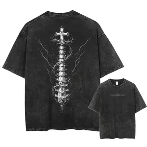 Christian Built On The Cross Spine Skeleton Graphic T-Shirt, Vintage Washed Distressed Oversized Tee, Gothic Faith Streetwear For Men & Women, Dark Aesthetic Top