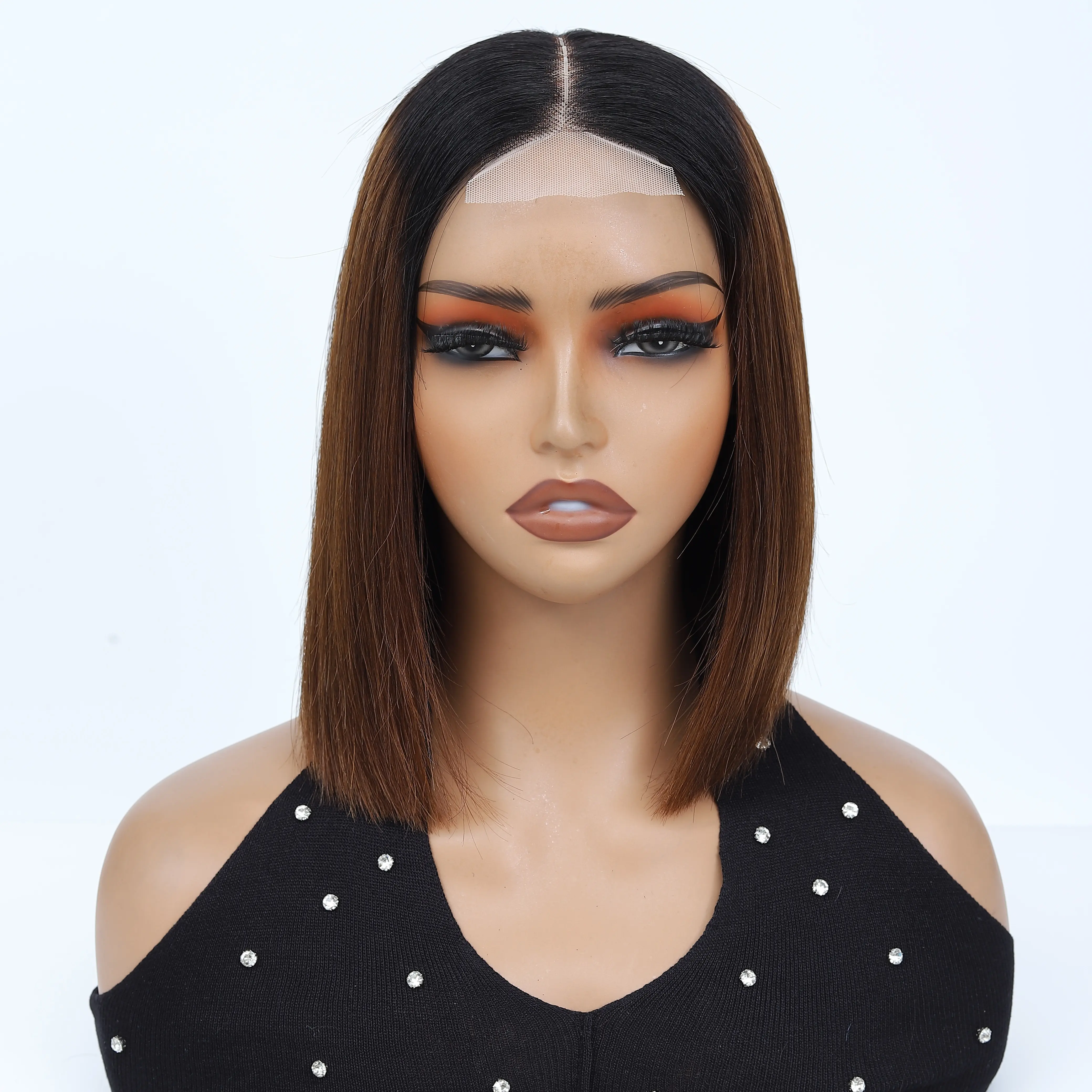 Human Hair T Part Lace Wig, 2x6 T1B/4 Ombre #4 Chocolate Brown Glueless Straight Short Bob Wigs, HD Lace, Middle Part, Pre-Plucked, Pre-Bleached Knots, 180% Density, Drawstring, Beginner-Friendly Summer Hairstyle#SummerWins, Wigs Human Hair