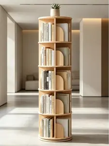 360° Rotating Wooden Bookcase - Tall Round Floor-Standing Storage Display Shelf for Living Room, Home Office, Natural Finish