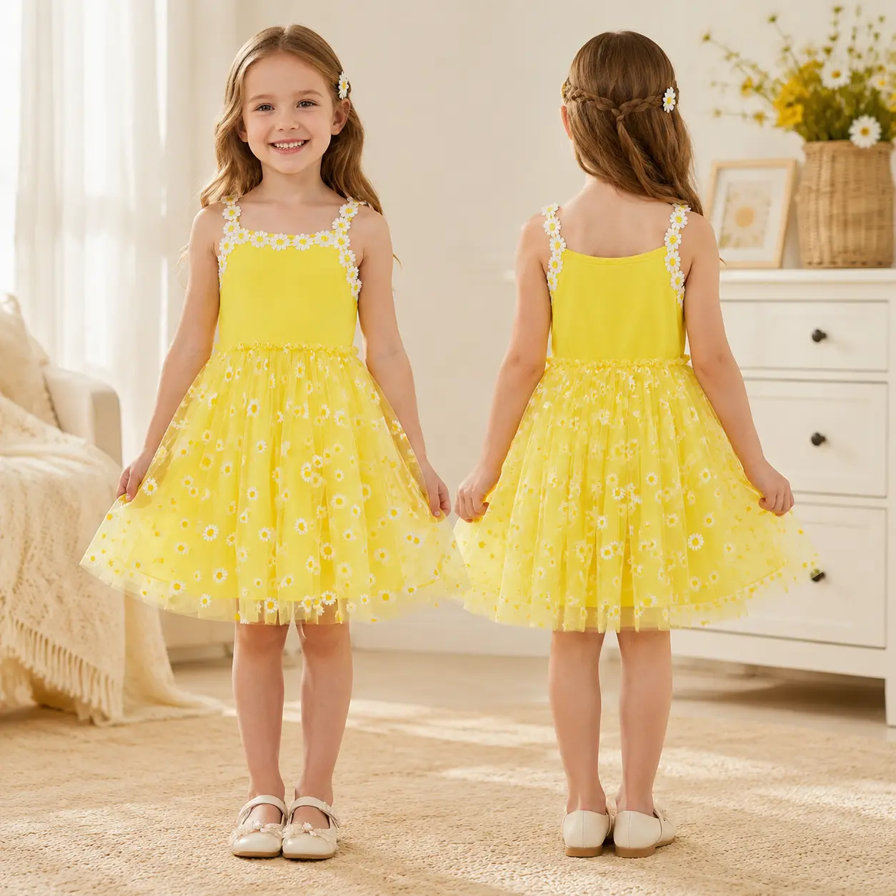 Girls Sunny Yellow Daisy Tulle Dress for 4-7 Years | Cute 3D Flower Strap Birthday Party Dress | Little Girl Boutique Daisy Mesh Summer Sundress