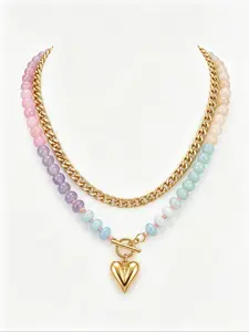 Dopamine Beaded Necklace, Ethnic Style Chain, Heart Pendant, Layerable Jewelry, Fashion Multicolor Bead Chain, Heart Design Necklace, Trendy Jewelry, Fashionable Accessories