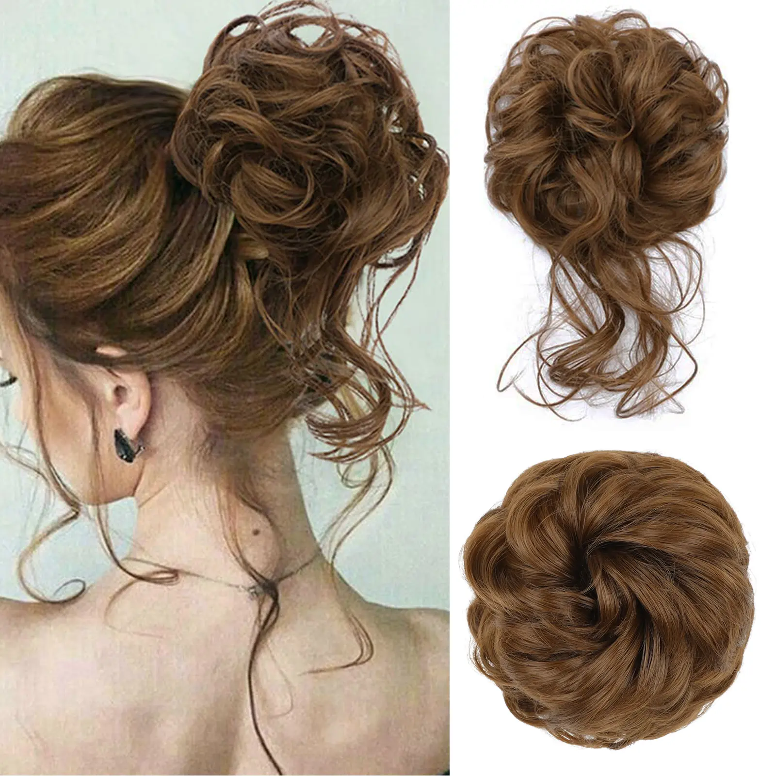 GEEOE Messy Bun Hair Piece for Women - 2PCS Synthetic Hair Pieces with Tousled Updo Hair Buns & Wavy Curly Texture Scrunchies Chignon Ponytail  - Easy to Wear & Versatile for Daily Use Hair Weave