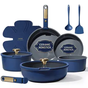 Carote 15 Pcs Ceramic Cookware Set, Non Stick Pots and Pans with Detachable Handles, Oven Safe, Induction Cookware, Stackable Kitchen Set, Blue