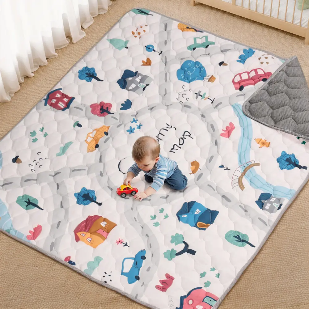 Baby Activity Play Mat, Thick Round Soft Cotton Mat with Tassels for Infants & Toddlers, Foldable Portable Antislip for Crawling