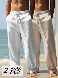 Men’s Casual Straight-Leg Long Pants, Summer Loose Fit for Vacation, High-Quality Textured Fabric, Lightweight, Breathable, Cool and Not Stuffy, Solid Color