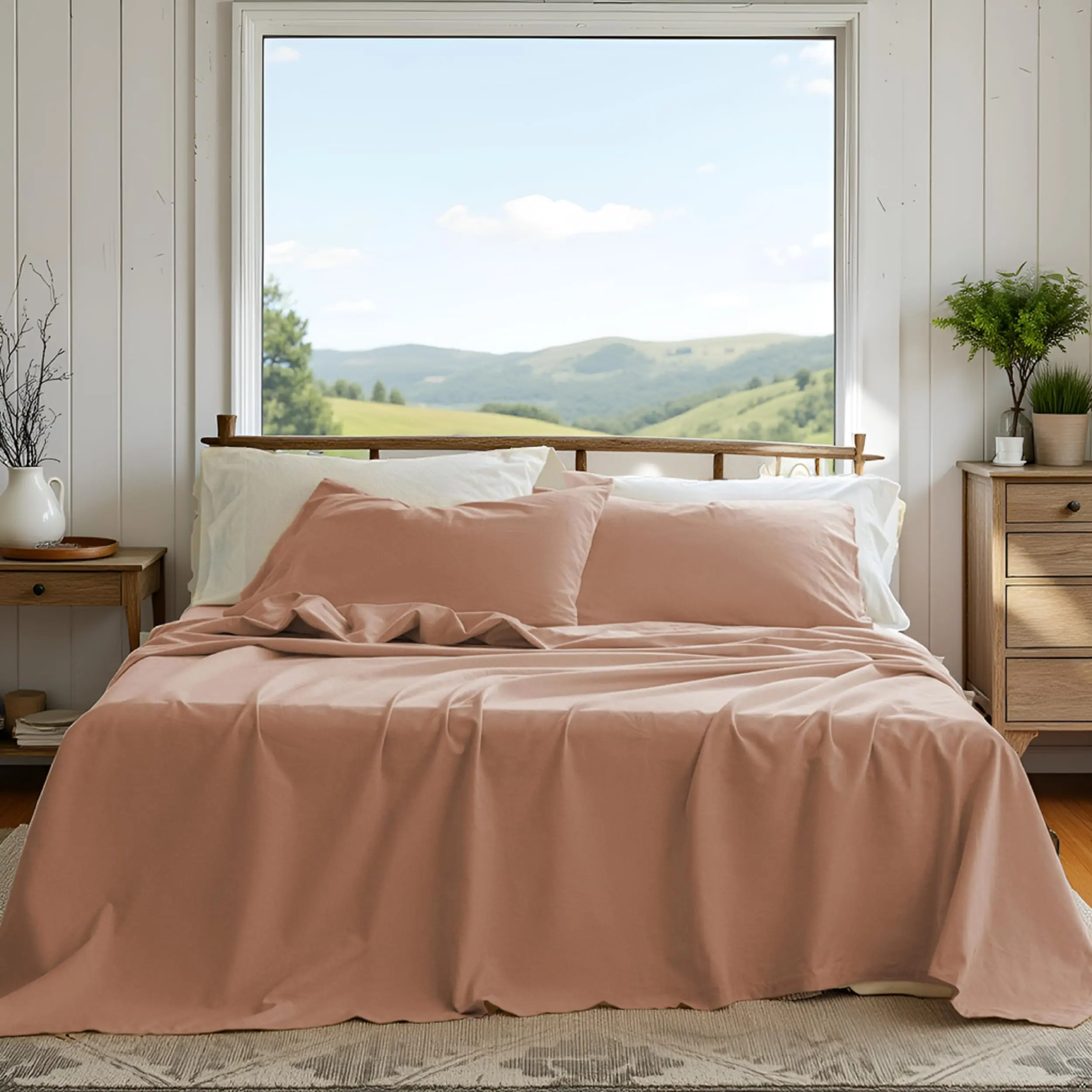 Simple&Opulence Linen Sheet Set , Linen Cotton Blend Sheets Set 4pcs, 1 Flat Sheet, 1 Fitted Sheet & 2 Pillowcases, Cooling Breathable Farmhouse Bedding