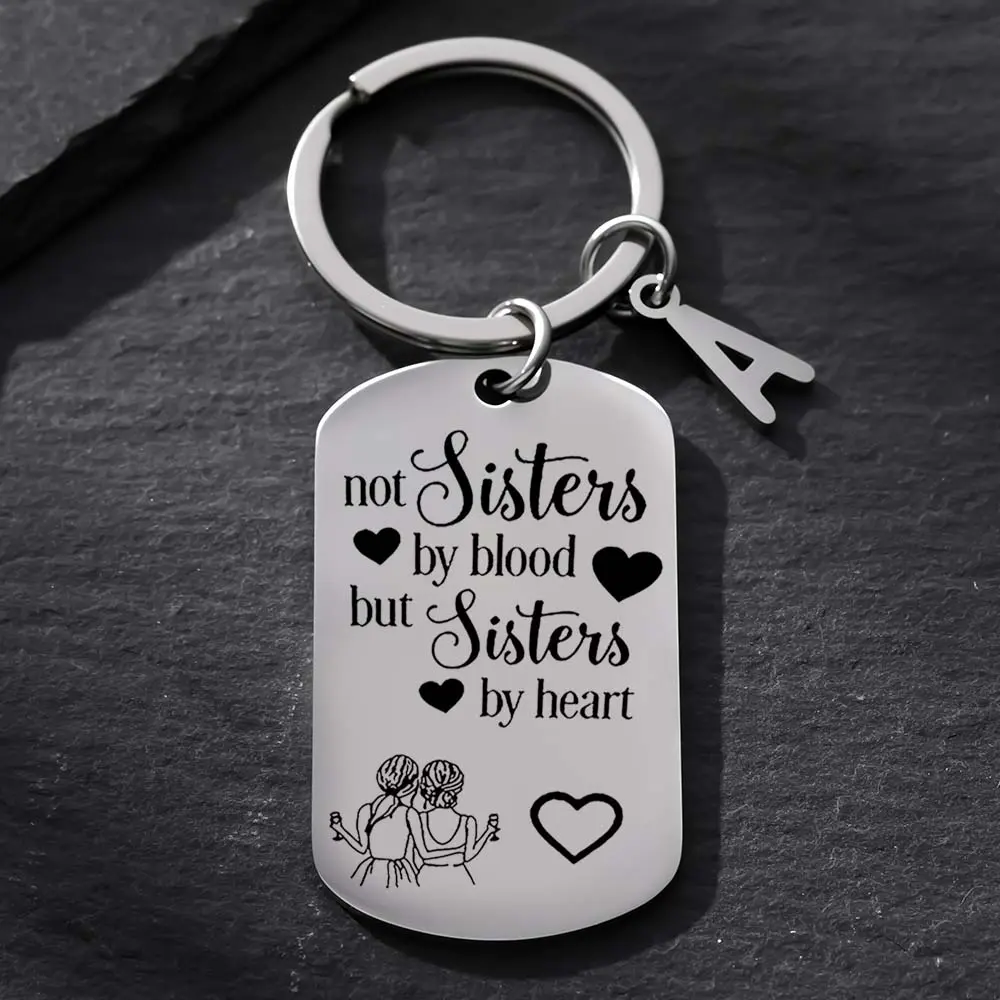 Sisters By Heart Stainless Steel Keychain - Hangable Everyday Carry Initial Engraving Engraved Motivational Accessory, Birthday Graduation Gift for BFFs, Durable Token of Friendship & Sisterly Love, Everyday Carry Keychains, Hangable Keychains