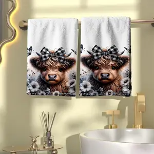 Black and white butterfly and cow wreath pattern premium towel set, lightweight, absorbent, soft, comfortable, quick-drying, machine washable, suitable for kitchens, bathrooms, and gyms, Absorbent Breathable Towel