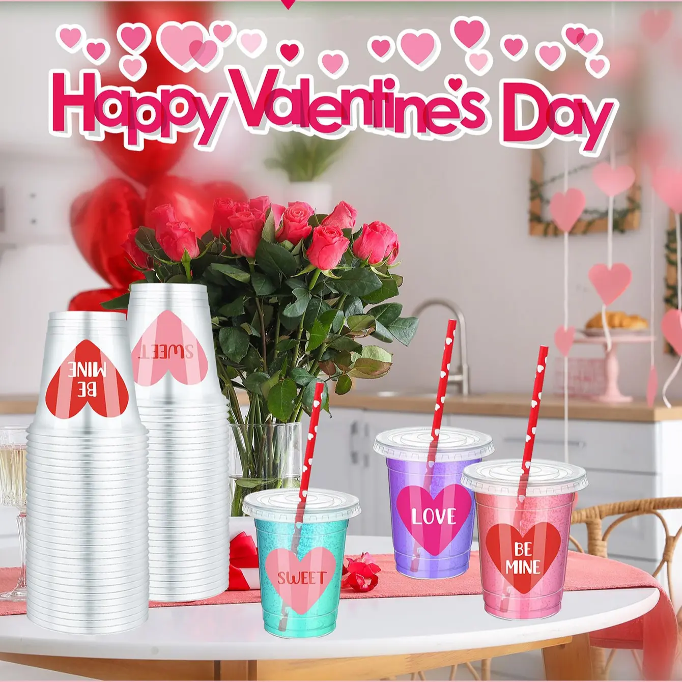 12oz Valentine's Day Disposable Plastic Cups with Lids & Straws-Party Supplies for Galentine's, Romantic Dinners & Decor